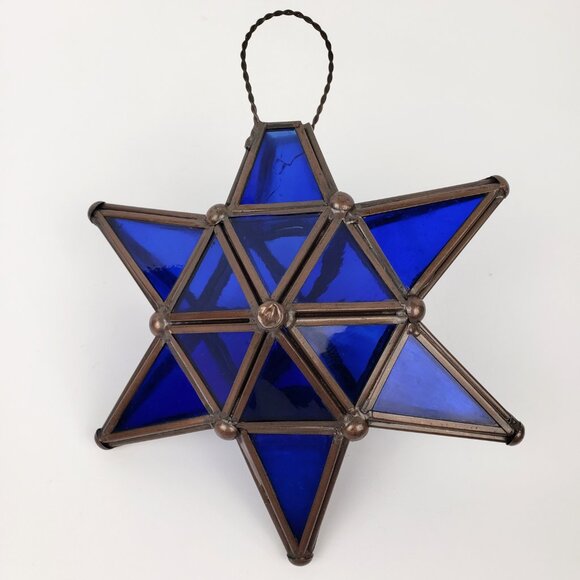 Vintage 3 Dimensional  Stained Glass 6 Points Blue Star Candleholder - Picture 1 of 6